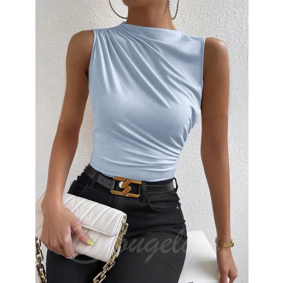 Ruched Light Blue Asymmetrical Sleeveless Shirt Top - Picture 8 of 9